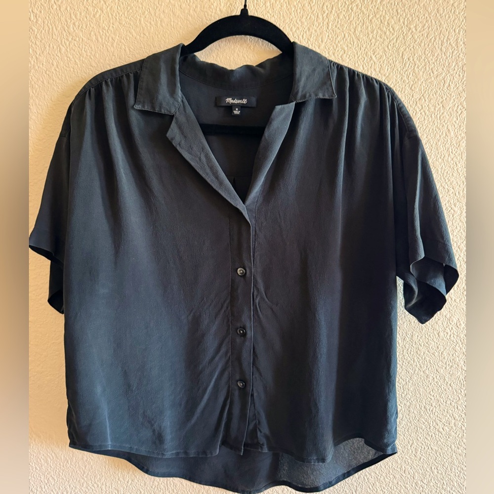 Charcoal Silk Short-Sleeve Button-Up Blouse High Low Hem